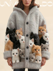 Плетено Наметало с Качулка и Принт на Котка