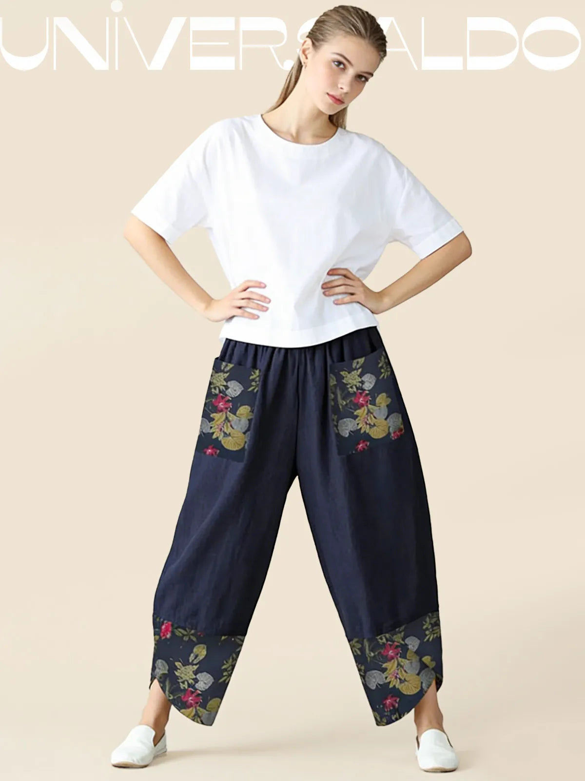 Нови широки панталони от памук и лен с щампа