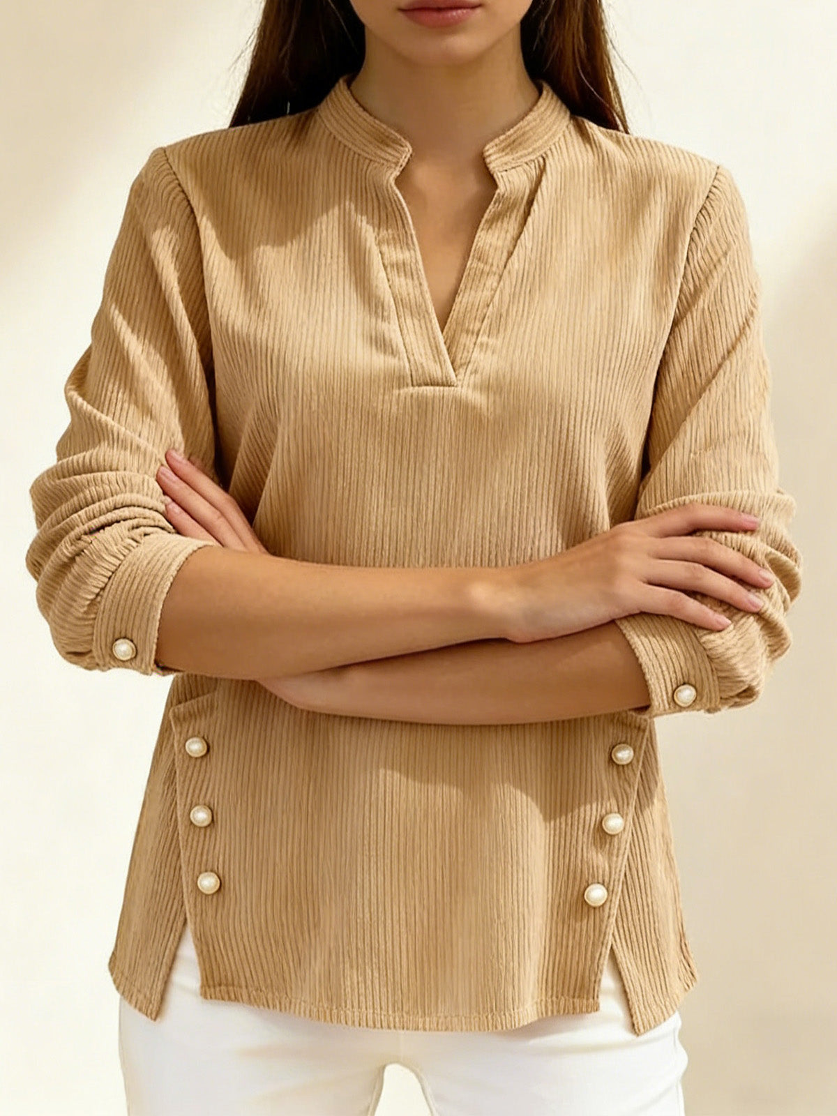 Плетена Свободна Тениска С V-Яка И Копчета