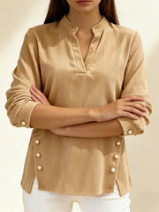 Плетена Свободна Тениска С V-Яка И Копчета