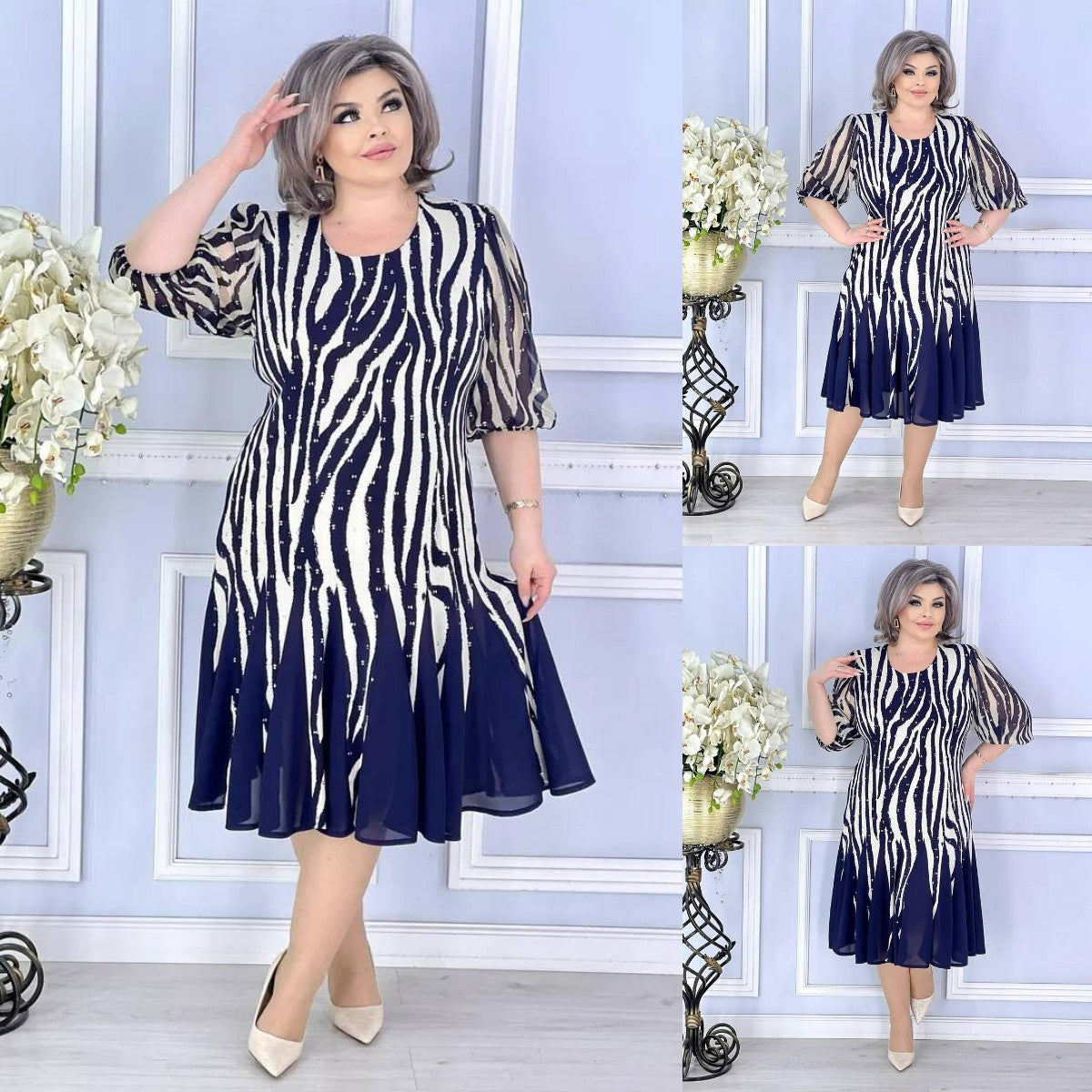 Елегантна дамска рокля с шарен дизайн, леки мрежести ръкави и вталена кройка.