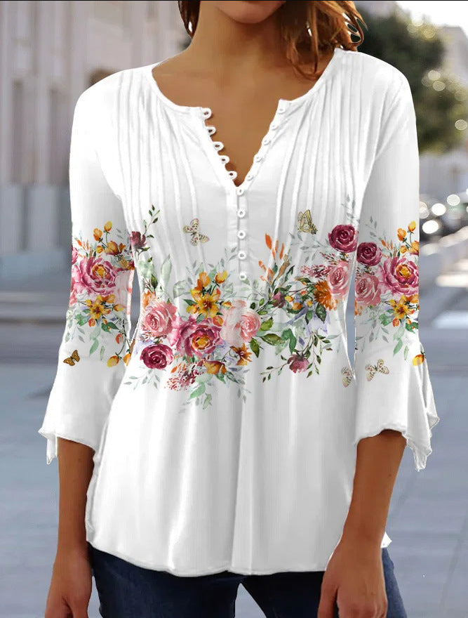 🔥Промоция – Намаление до 50%🌸【S-5XL】Елегантна дамска тениска с V-образно деколте и принт