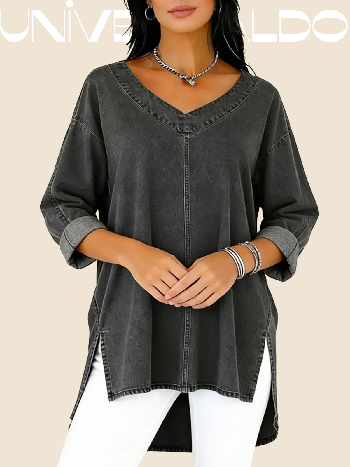 Дамска Деним Блуза с V-Яка и Дълъг Ръкав