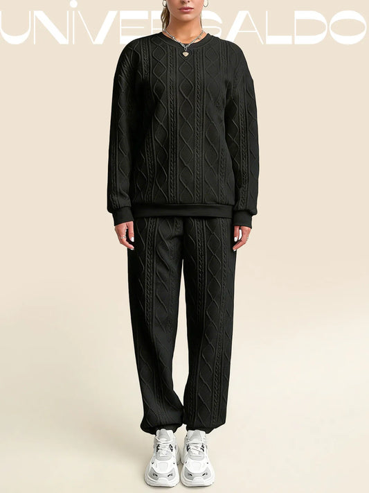 2-Части Комплект: Блуза с Плетен Узор и Прилепнали Панталони