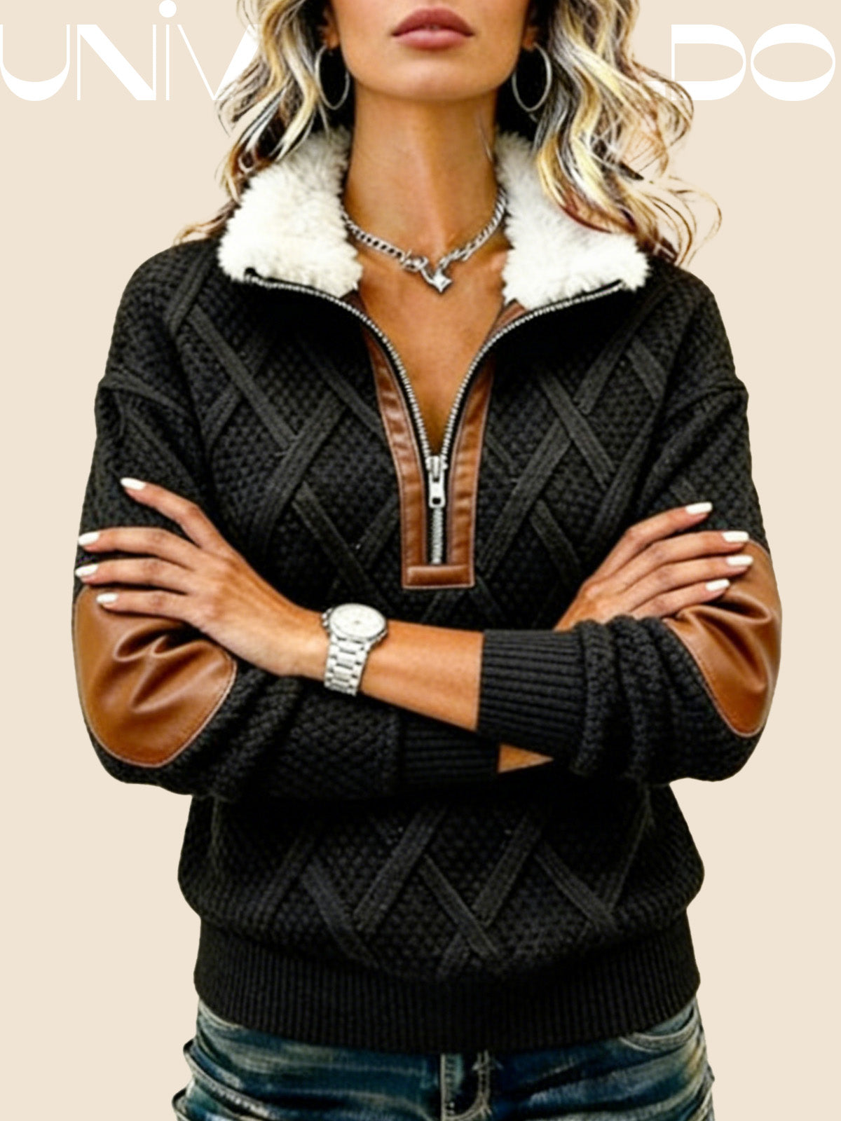 Суитшърт с Молния, Кожена Яка и Плетен Узор