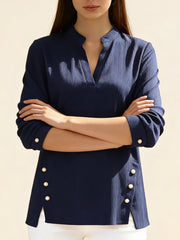 Плетена Свободна Тениска С V-Яка И Копчета