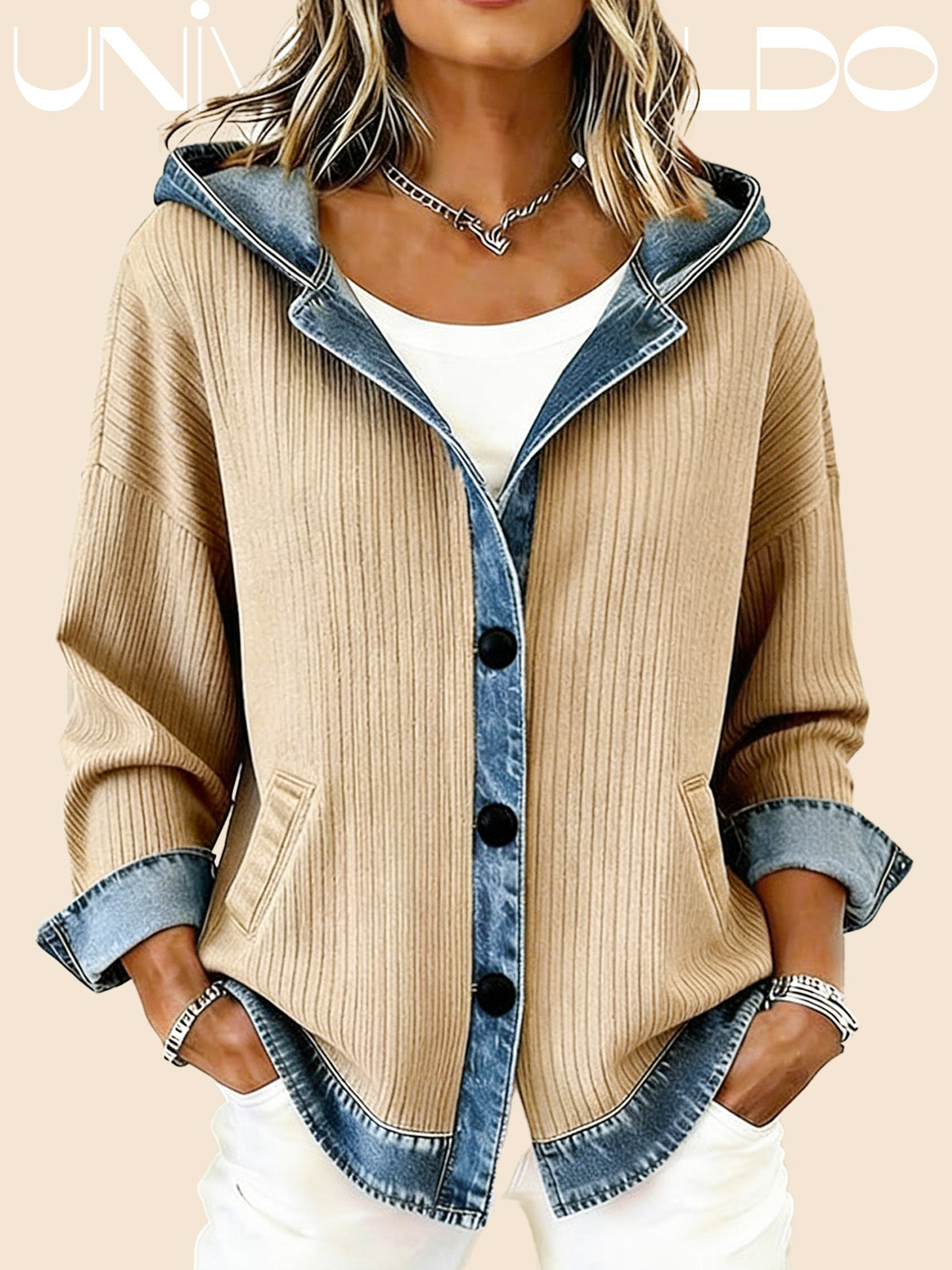 Спортно Яке с Качулка в Деним Ефект и Контрастна Карета