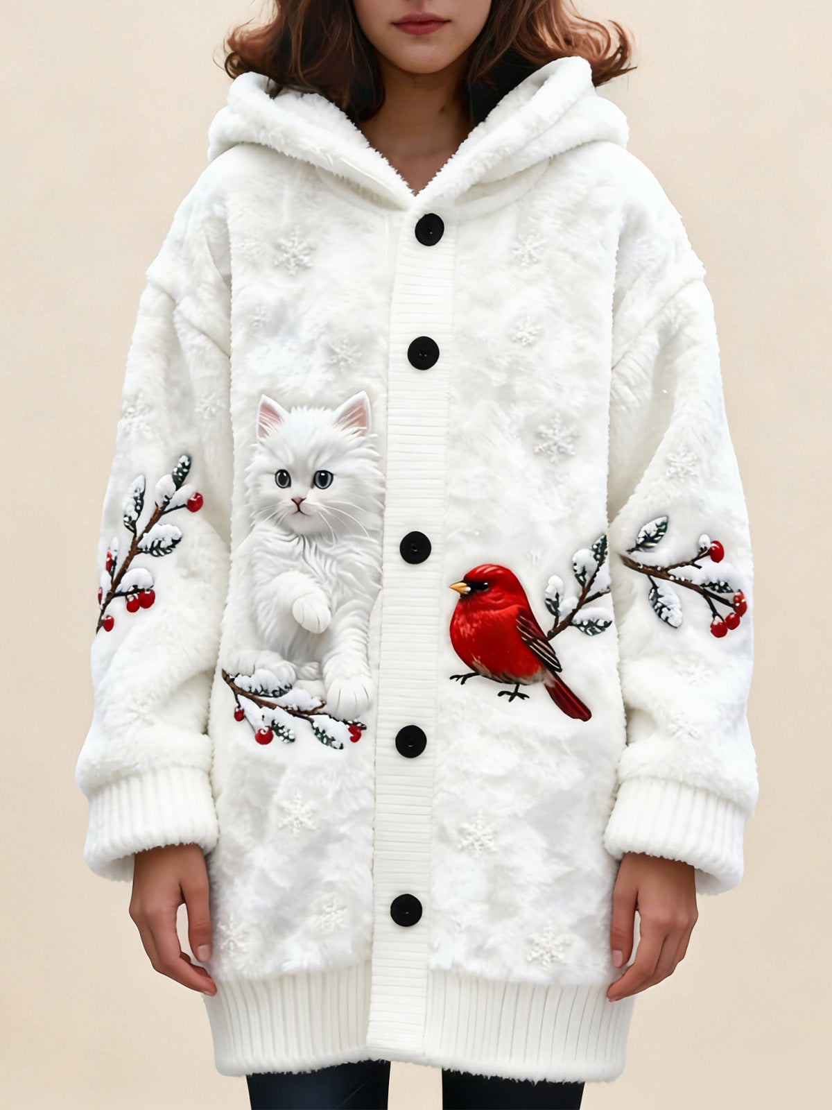 Плетено Наметало с Качулка и Принт на Котка