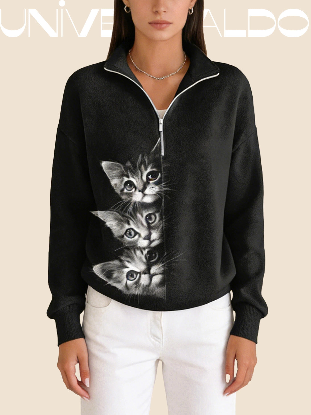 Суитшърт с Котка, Полу-Джипс и Изправена Яка