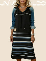 🌷🌞Нова дънкова рокля с качулка в цветни блокове