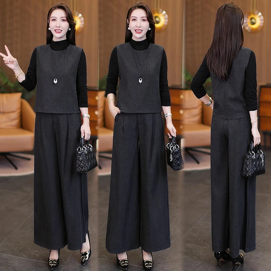 🔥👗【M-4XL】Нови есенни дамски комплекти: Модерни, младежки и оформящи 😘 (жилетка + базово топ + широки панталони)