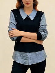 Модерна Псевдо-Двуделна Блуза С Райе И Дълъг Ръкав
