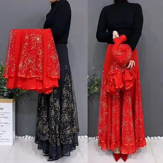 🌷🌹2026 Бродирана дълга пола с висока талия Драпирана танцова пола