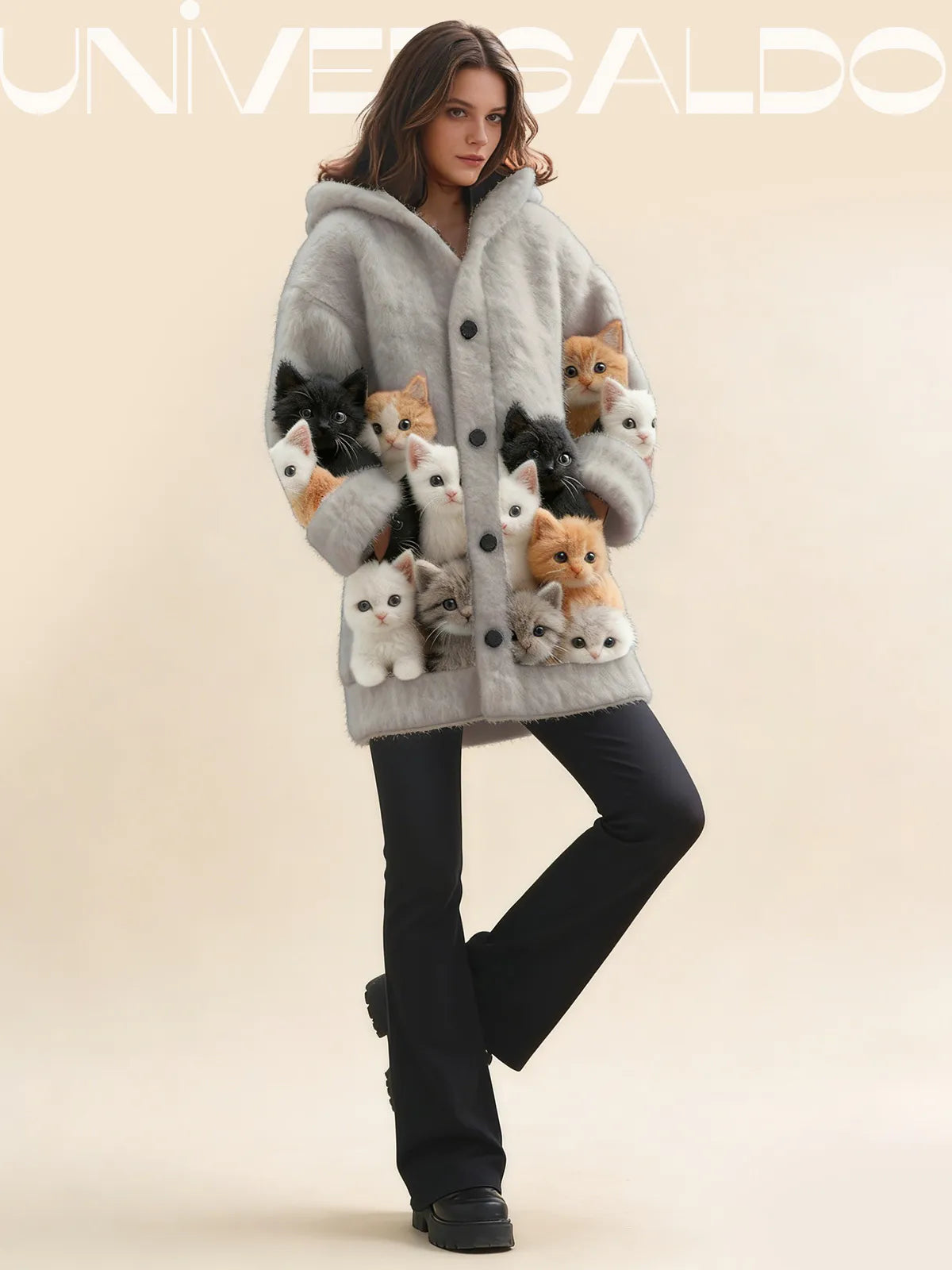 Плетено Наметало с Качулка и Принт на Котка