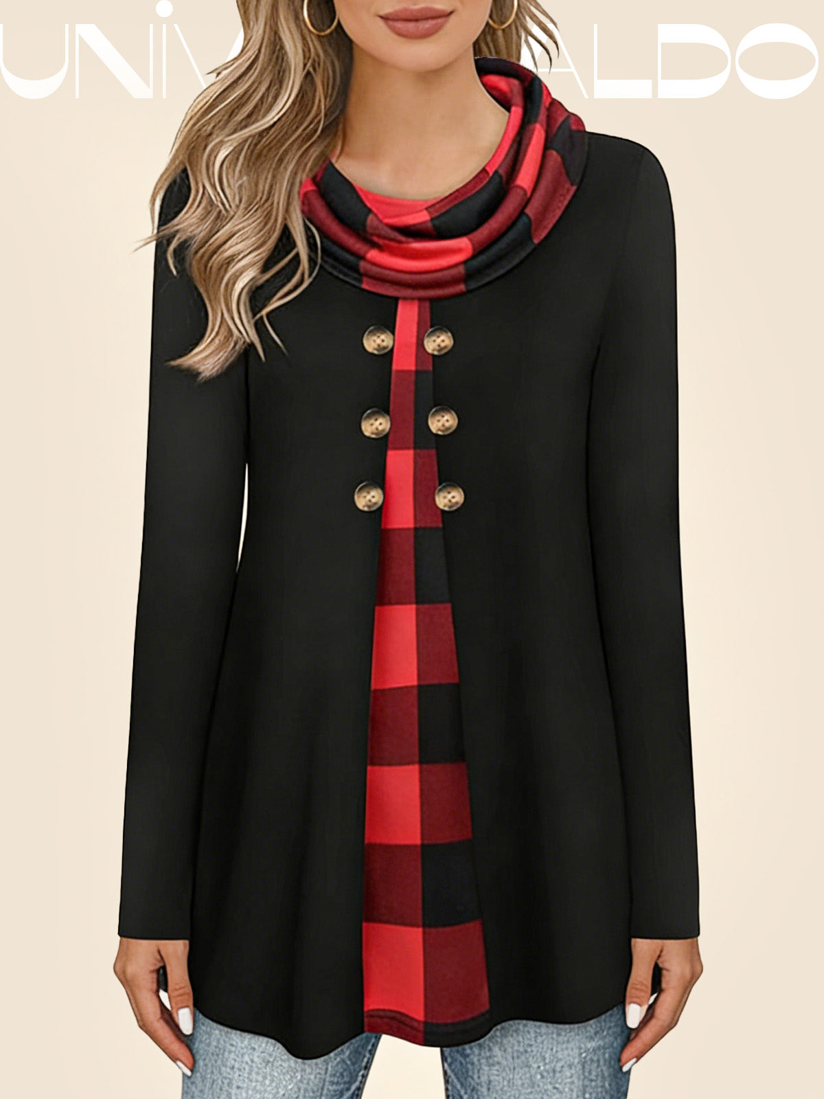 Псевдо-Двуделна Блуза с Висока Яка и Копчета