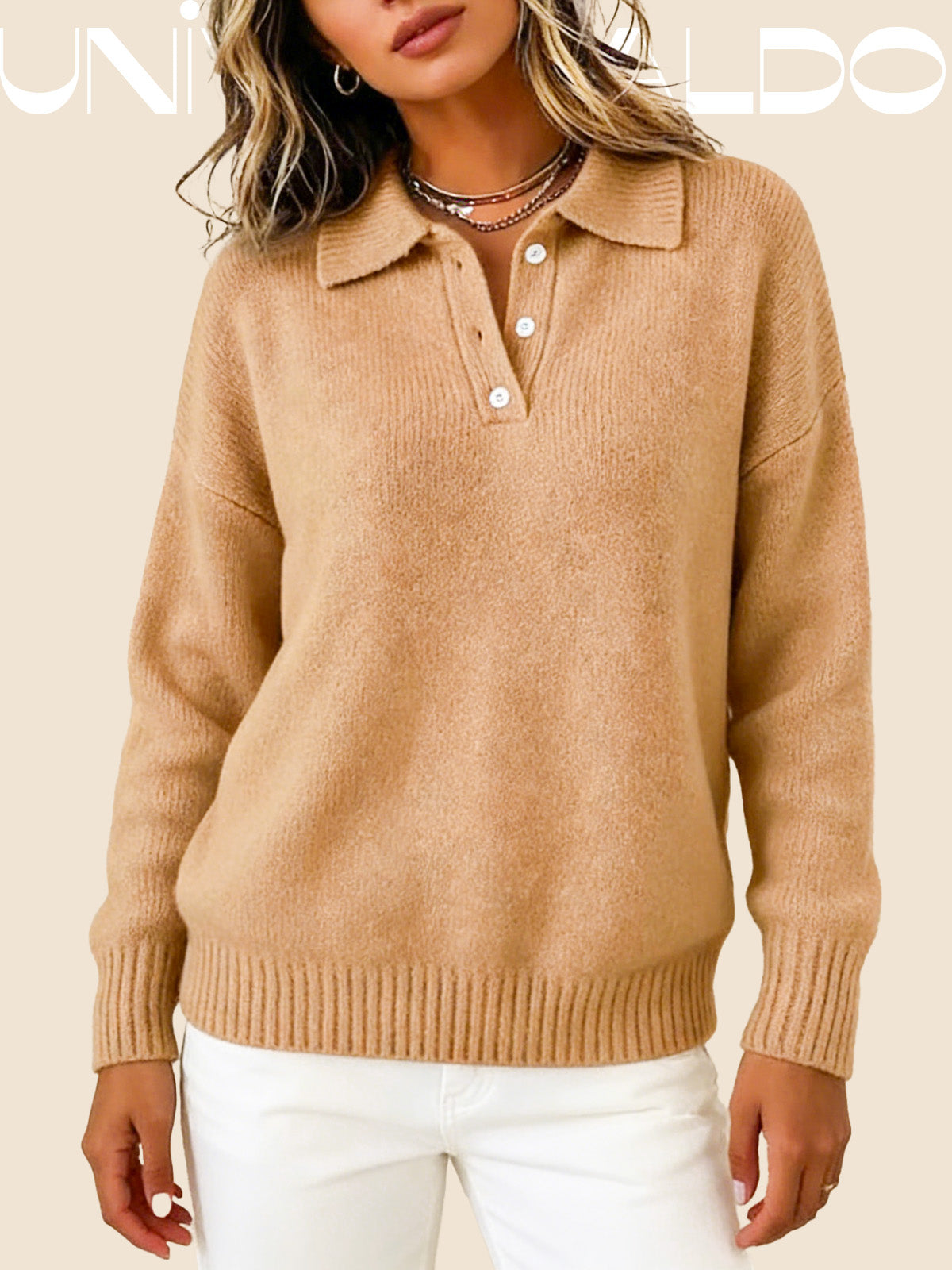 Тениска с Кръгла Яка, Копчета и Дълъг Ръкав в Свободен Крой