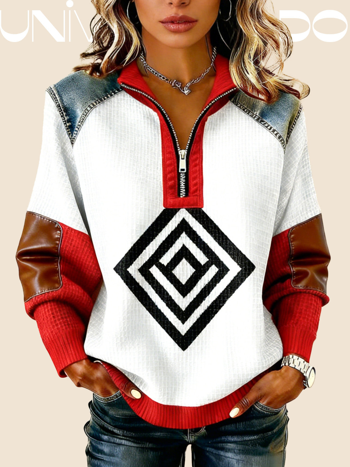 Суитшърт с Кожена Яка, Принт и Свободен Крой