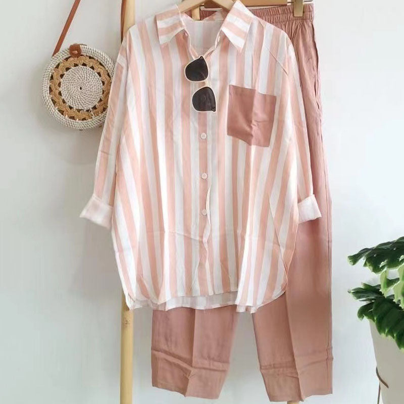 🔥50% ОТСТЪПКА】【S-5XL】 🌸Пролетен раиран ежедневен костюм от две части