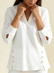 Плетена Свободна Тениска С V-Яка И Копчета