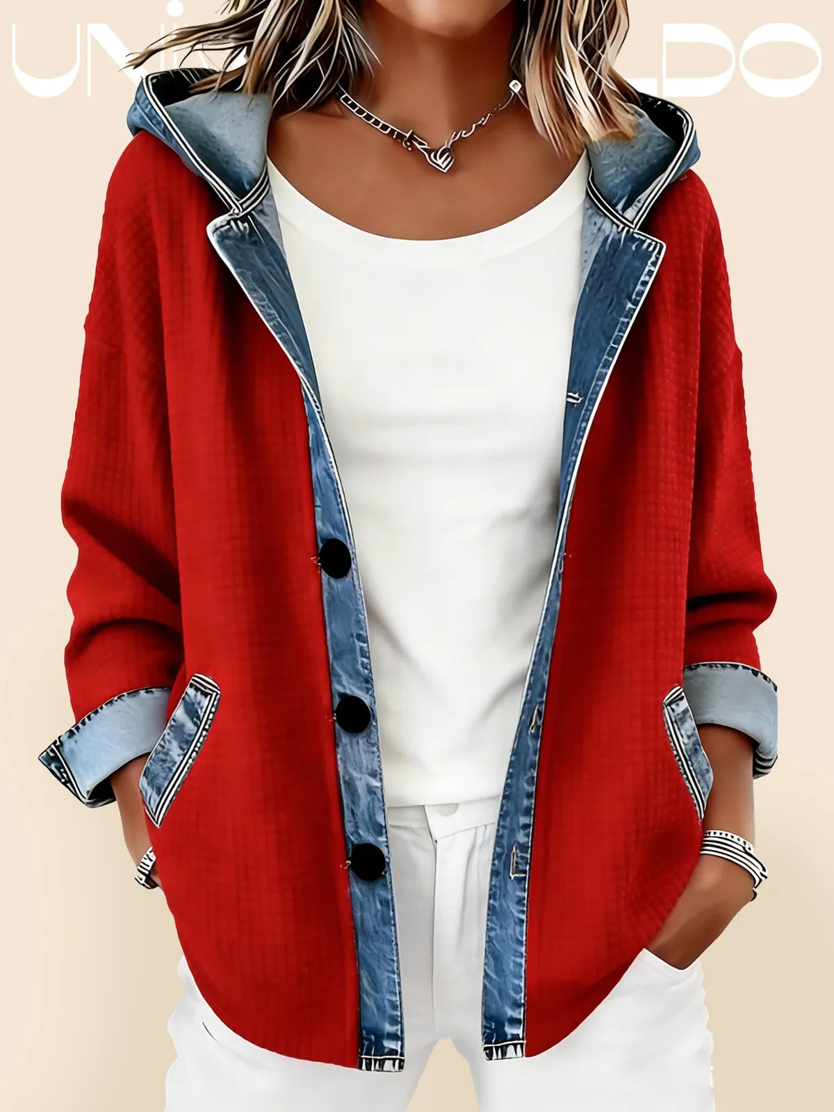 Спортно Яке с Качулка в Деним Ефект и Контрастна Карета