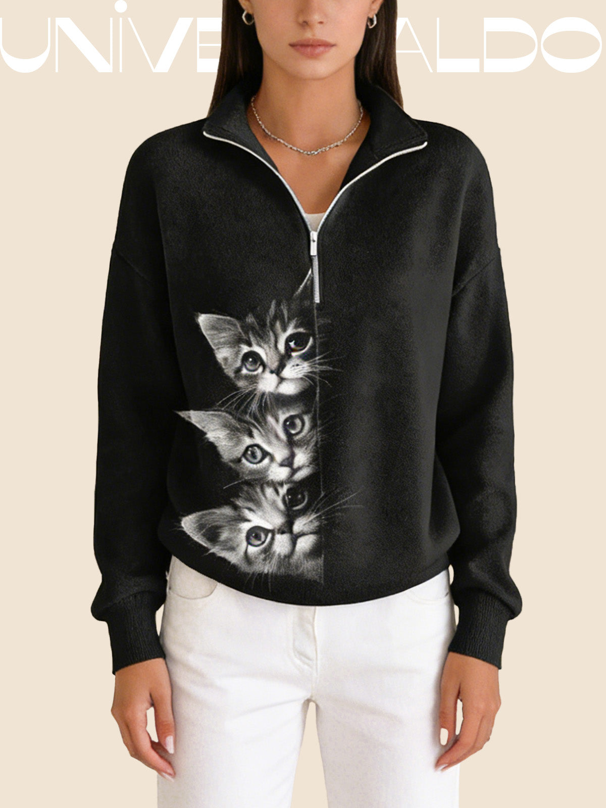 Суитшърт с Котка, Полу-Джипс и Изправена Яка