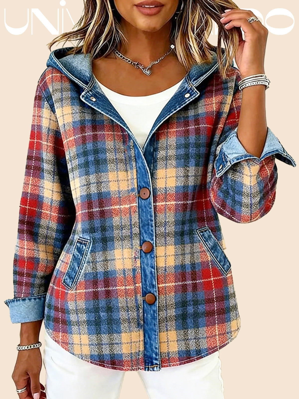 Спортно Яке с Качулка в Деним Ефект и Контрастна Карета