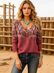 Тениска с V-Яка, 3D Принт и Дълъг Ръкав