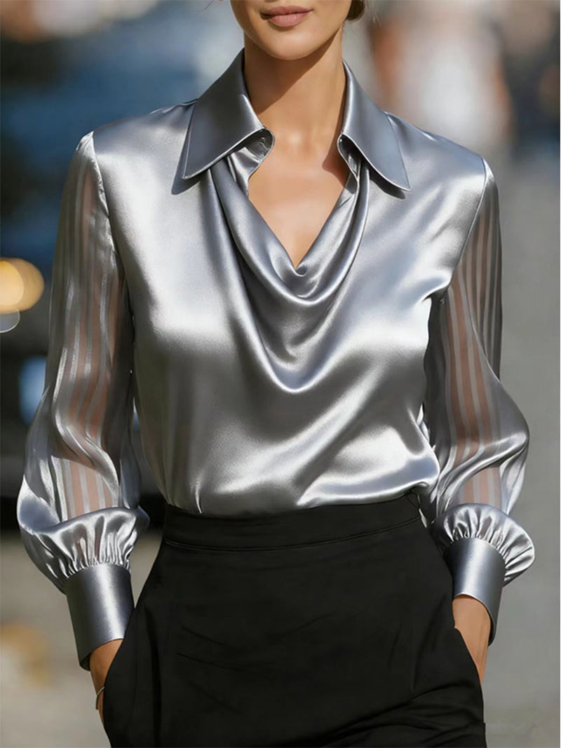 Сатенена Блуза с Дълъг Ръкав и Падащ Плат