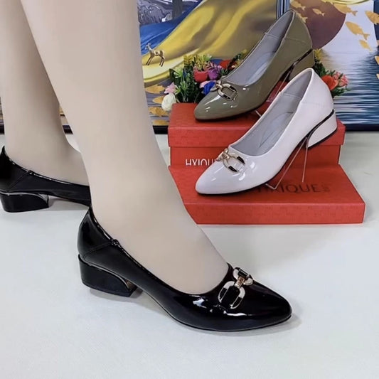 👞Нови дамски обувки от лъскава естествена кожа с дебел ток, мека подметка и заострени върхове