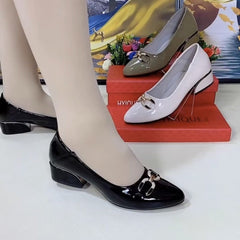 👞Нови дамски обувки от лъскава естествена кожа с дебел ток, мека подметка и заострени върхове