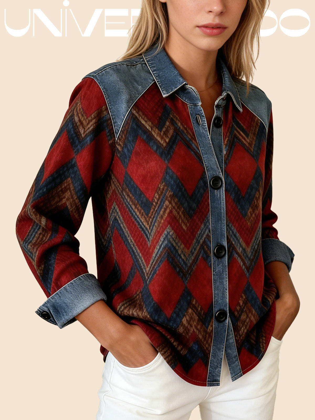 Спортно Яке с Качулка в Деним Ефект и Контрастна Карета