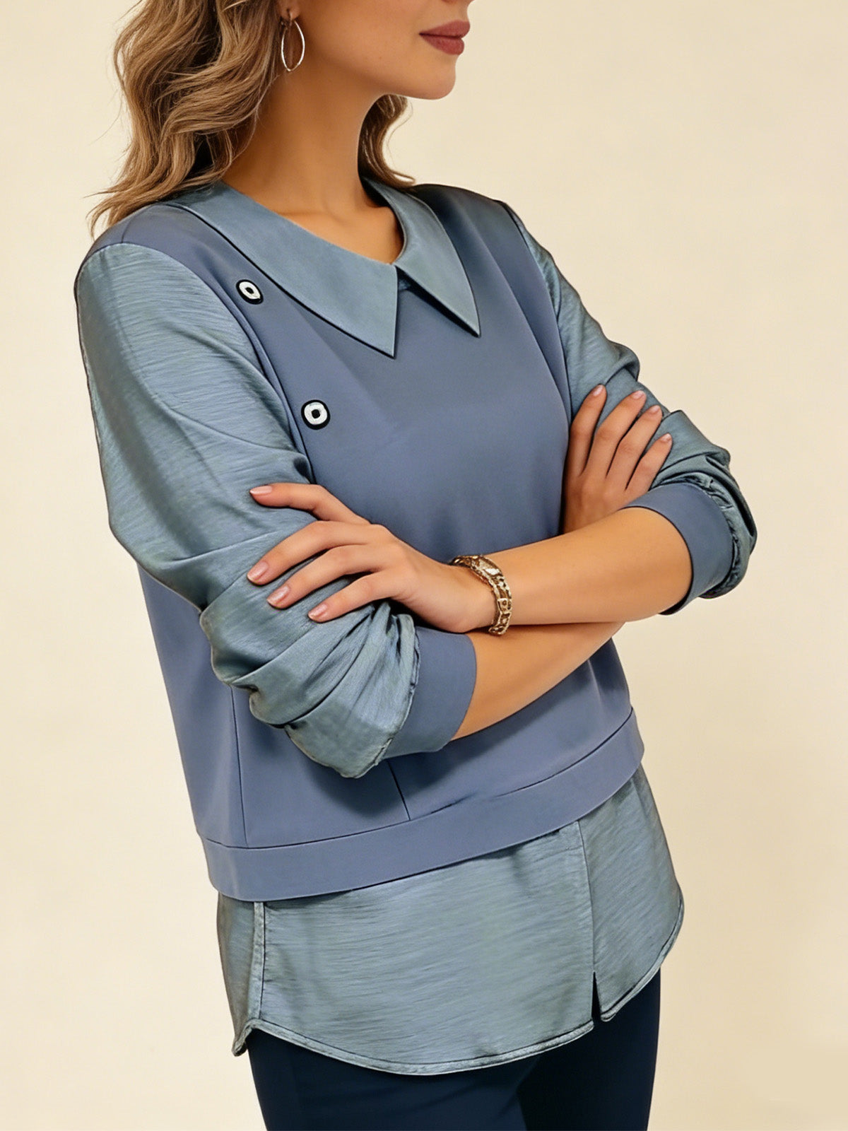 Модерна Псевдо-Двуделна Блуза С Райе И Дълъг Ръкав