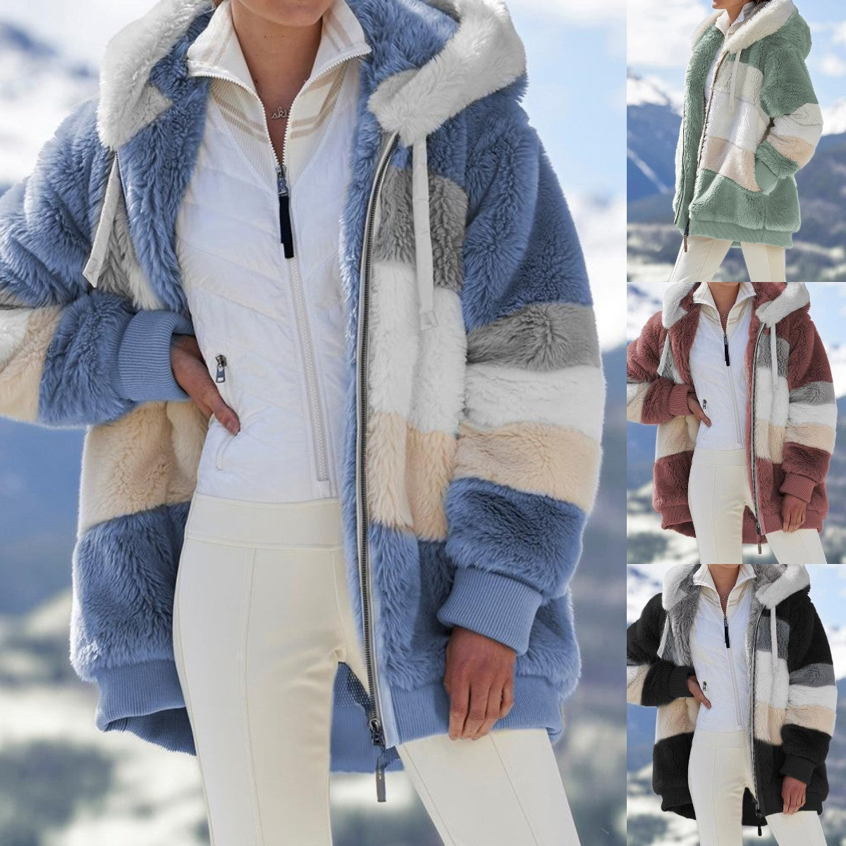 【S-5XL】Широко плюшено яке с качулка и джобове с цип