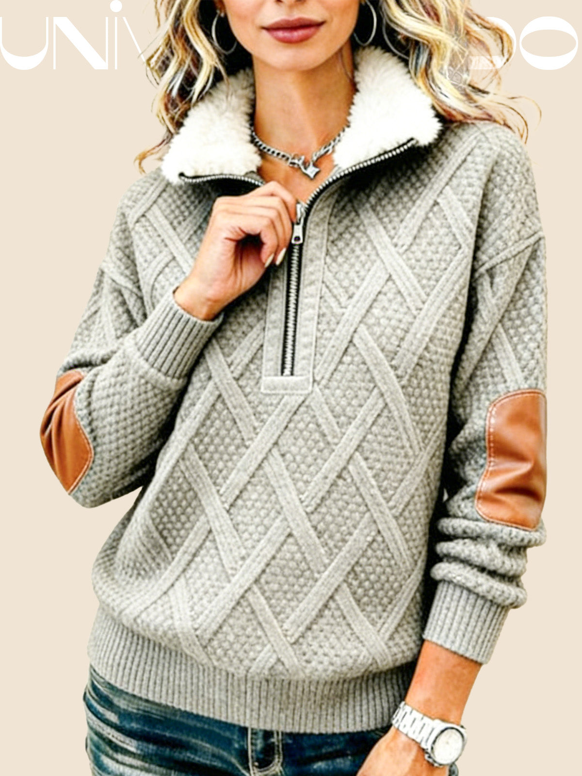 Суитшърт с Молния, Кожена Яка и Плетен Узор