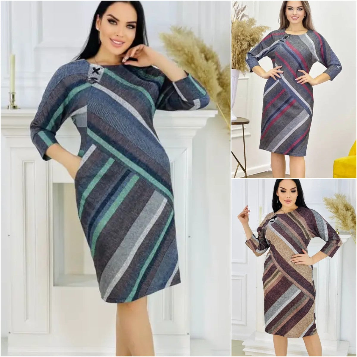 👗🍂 Нова есенна елегантна рокля с кръгло деколте и райета