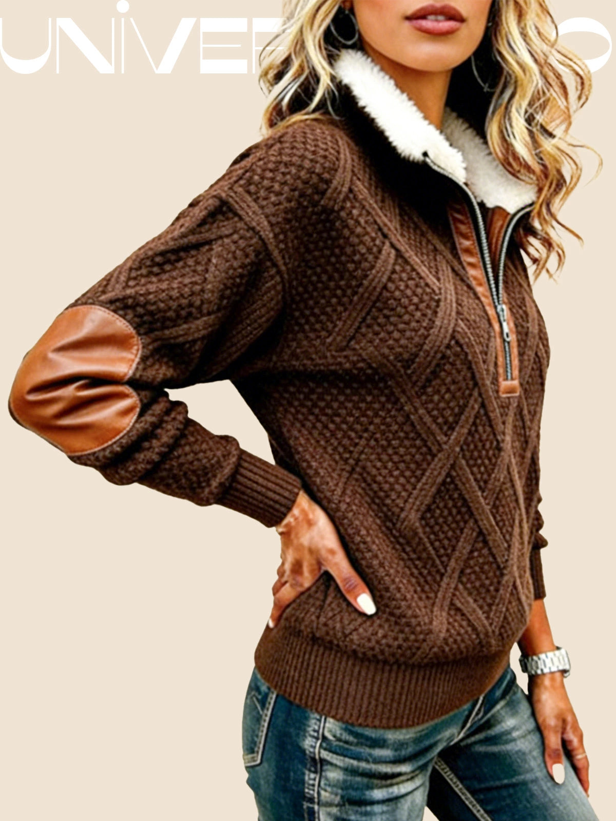 Суитшърт с Молния, Кожена Яка и Плетен Узор