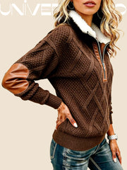 Суитшърт с Молния, Кожена Яка и Плетен Узор