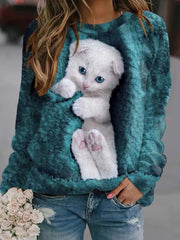 💐【S-5XL】Дамски суитшърт с дълъг ръкав, щампа на котка и кръгло деколте