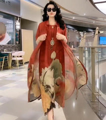 🎉✨🎀【50% ОТСТЪПКА】【M-5XL】Рокля с щампа със средна дължина, комплект от две части