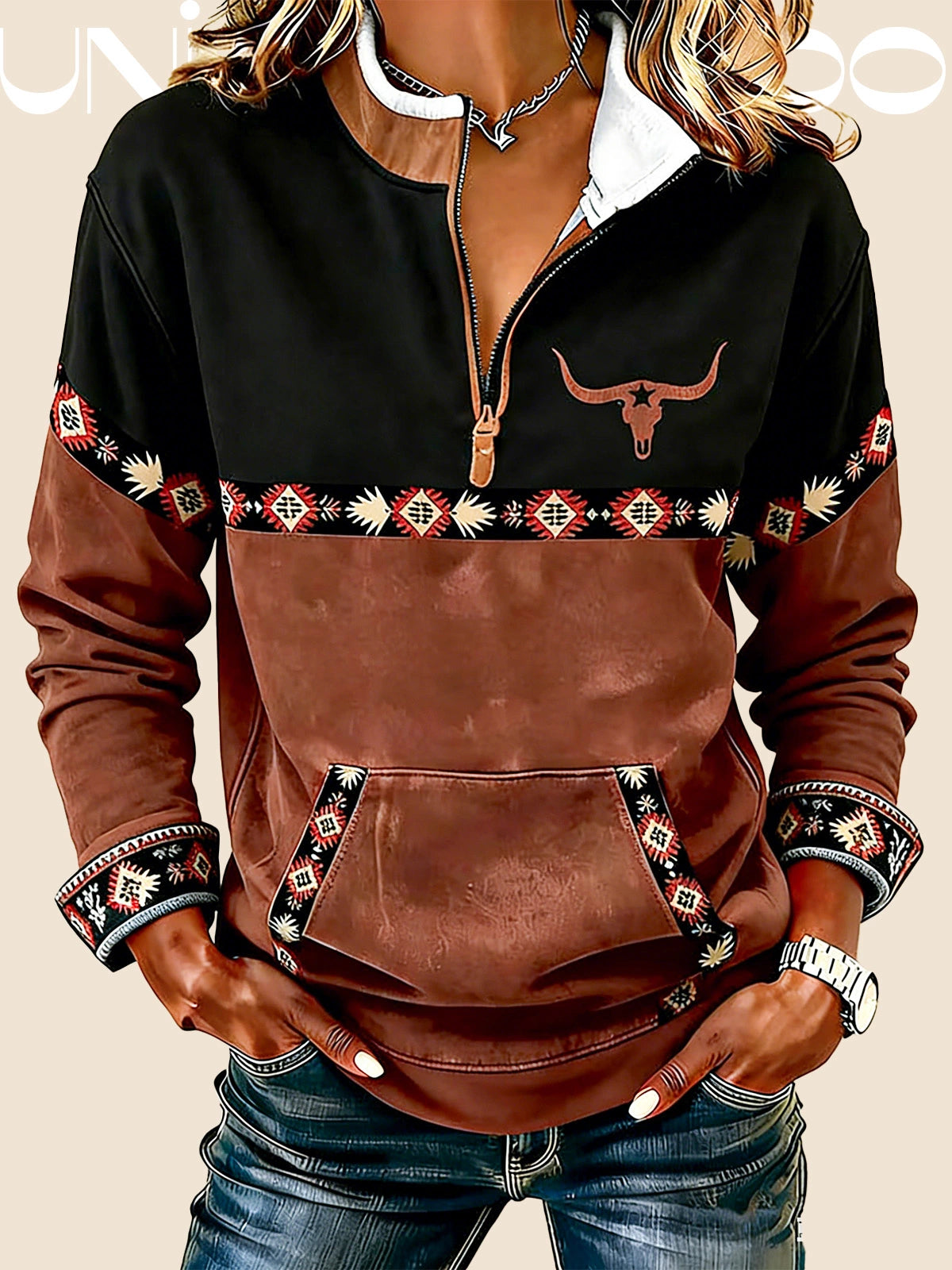 Суитшърт с Кожена Яка, Принт и Свободен Крой