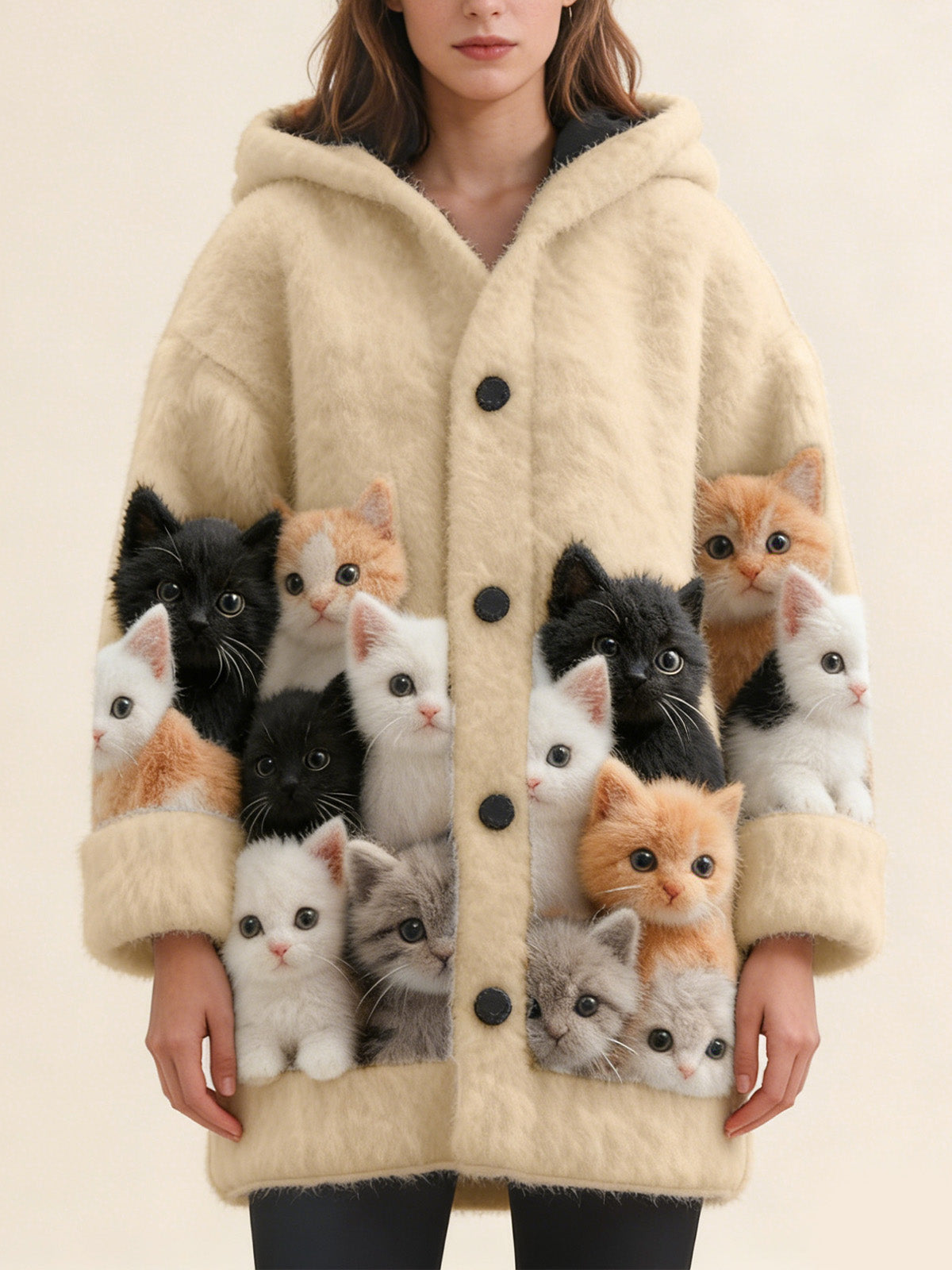 Плетено Наметало с Качулка и Принт на Котка