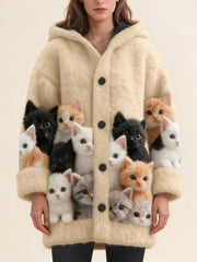 Плетено Наметало с Качулка и Принт на Котка