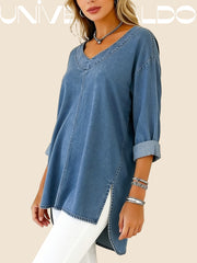 Дамска Деним Блуза с V-Яка и Дълъг Ръкав