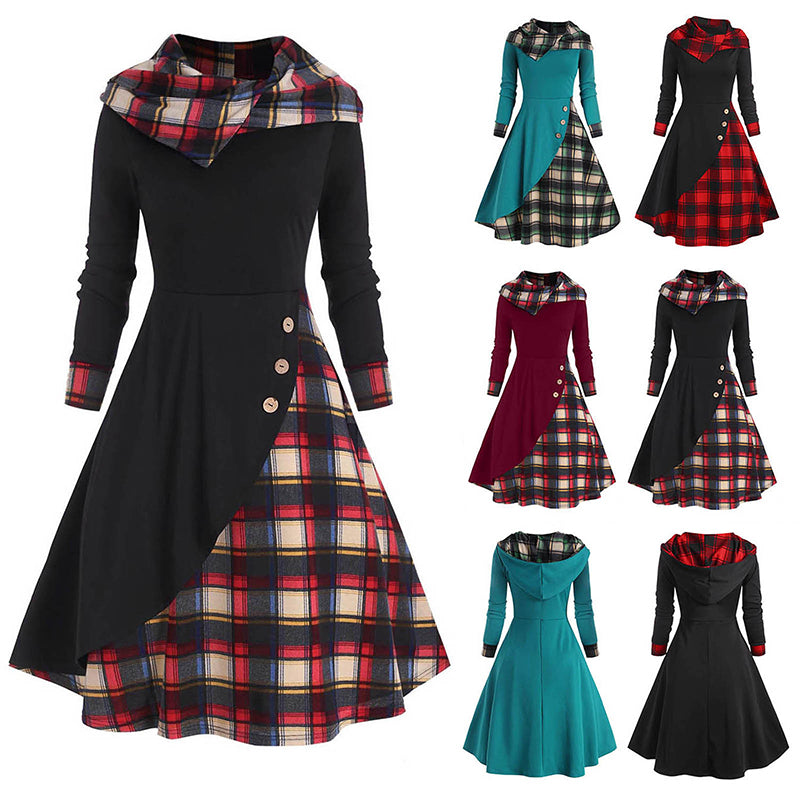 👗👗【50% ОТСТЪПКА】Дамска модна рокля с качулка и пачуърк от карета, елегантен и изтънчен дизайн