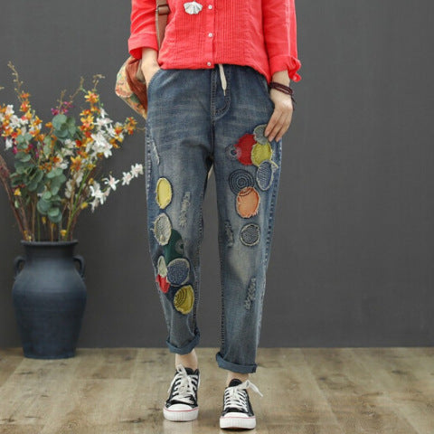 🎉👖🏆【50% ОТСТЪПКА】【наложен платеж】дамски бродирани дънки с висока талия и широки крачоли