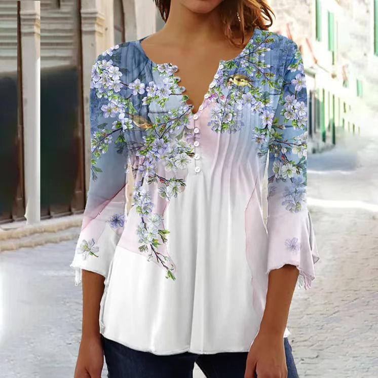 🔥Промоция – Намаление до 50%🌸【S-5XL】Елегантна дамска тениска с V-образно деколте и принт
