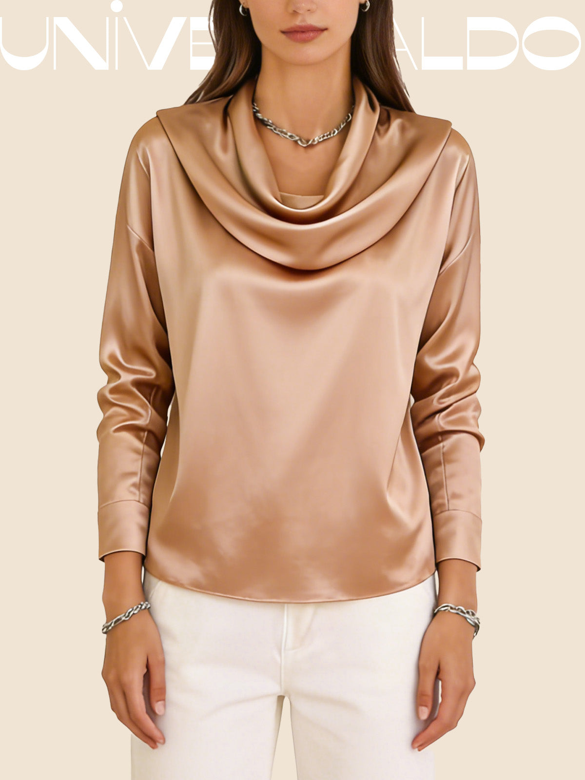 Блуза от Сатен с Плисирана Яка и Дълъг Ръкав