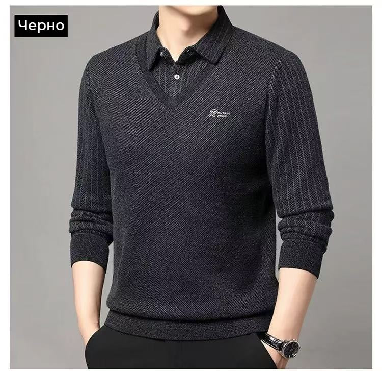 Мъжка Псевдо-Двуделна Топла Тениска с Поли Яка