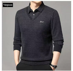 Мъжка Псевдо-Двуделна Топла Тениска с Поли Яка