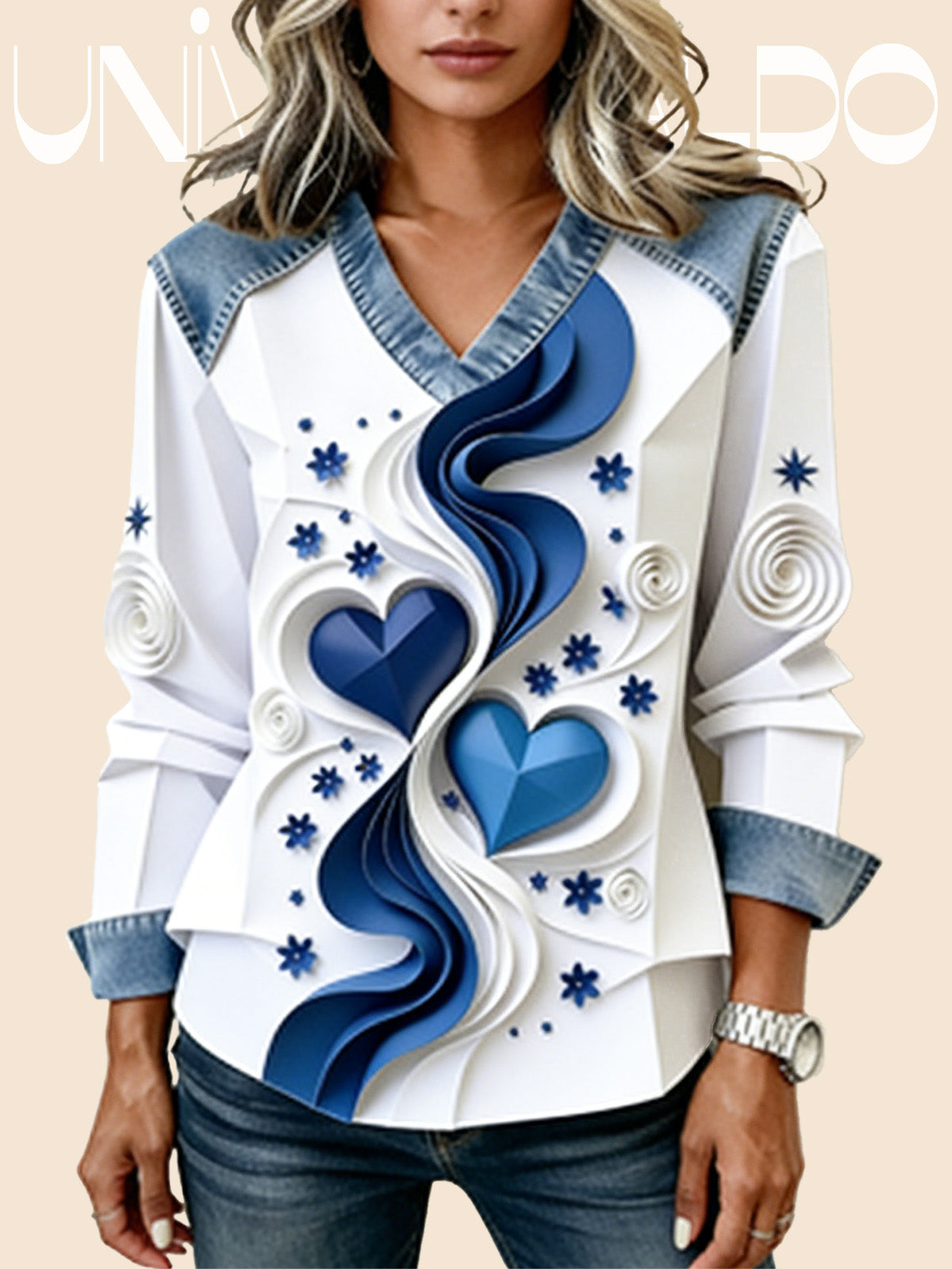 Суитшърт с V-Яка и Деним Ефект